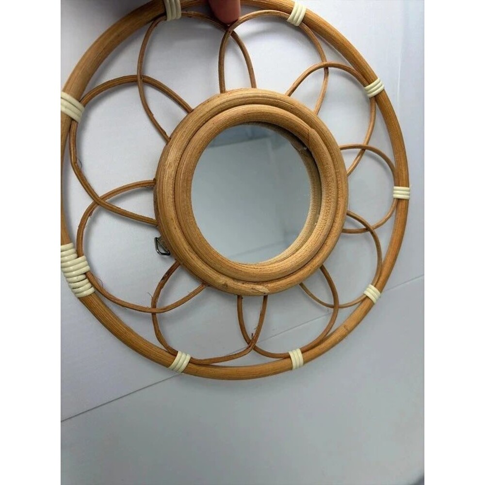 Vintage Boho Rattan Round Wall Mirror Flower Petal Natural Wood Wicker 10"